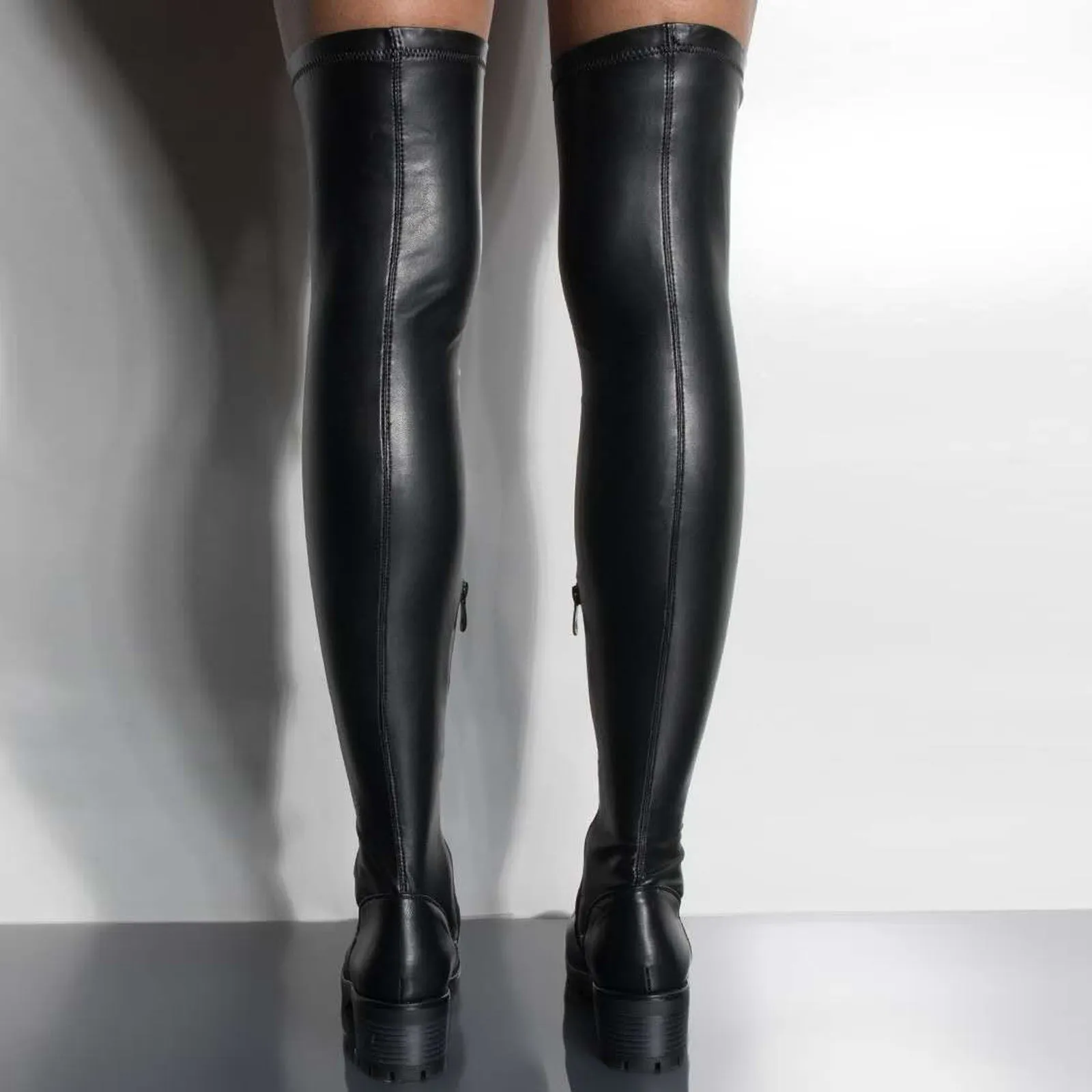 Women's PU leather square heel thigh high boots