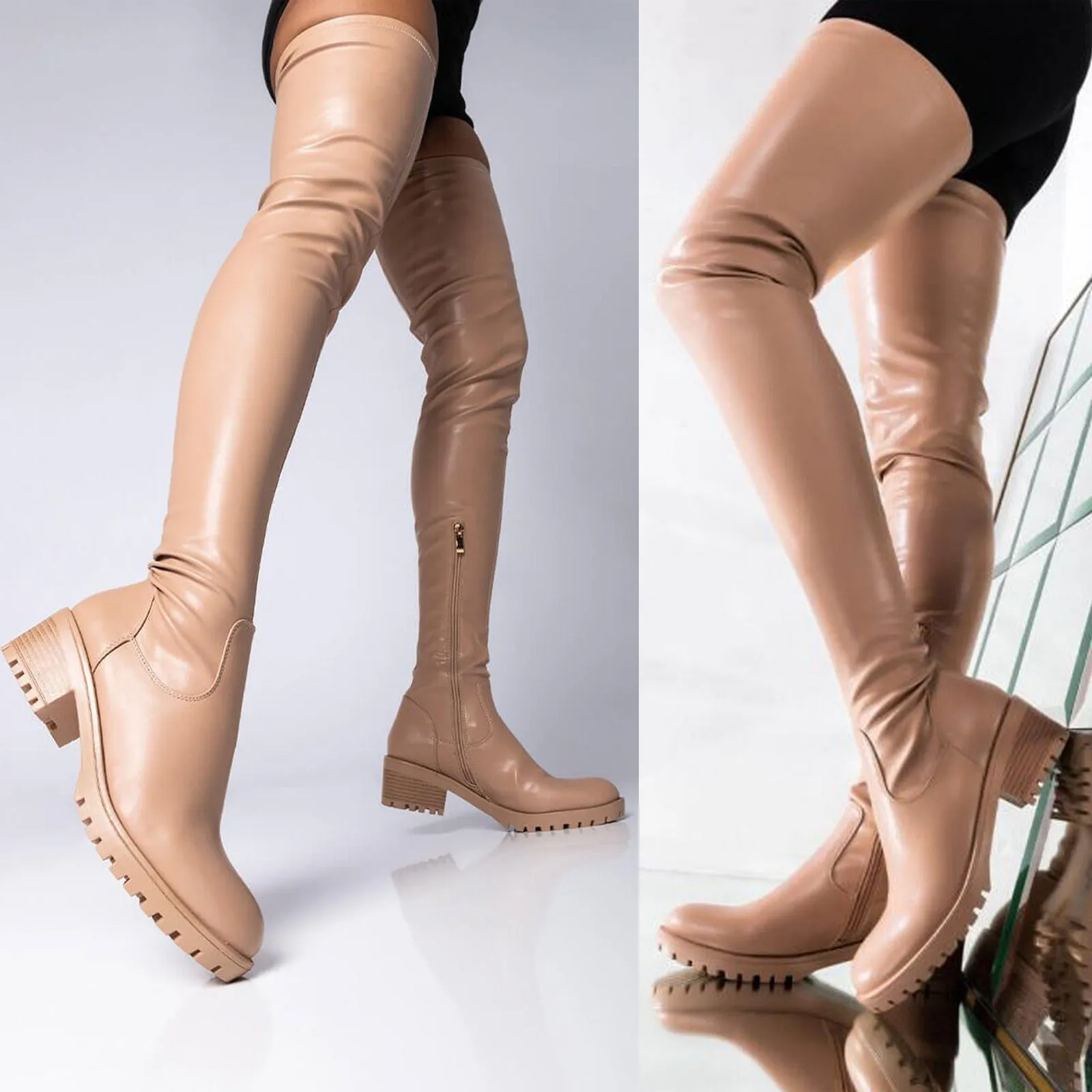 Women's PU leather square heel thigh high boots