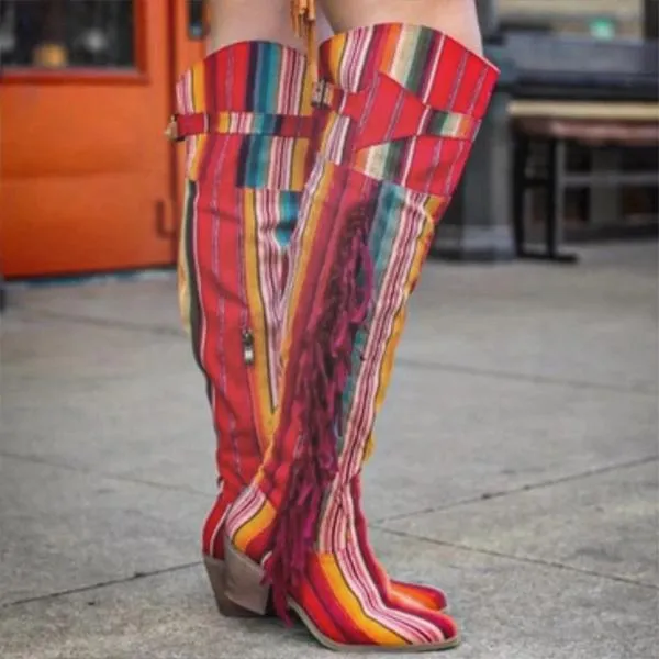 Women's Retro Fashion Rainbow Tassel Block Heel Boots 77611043S