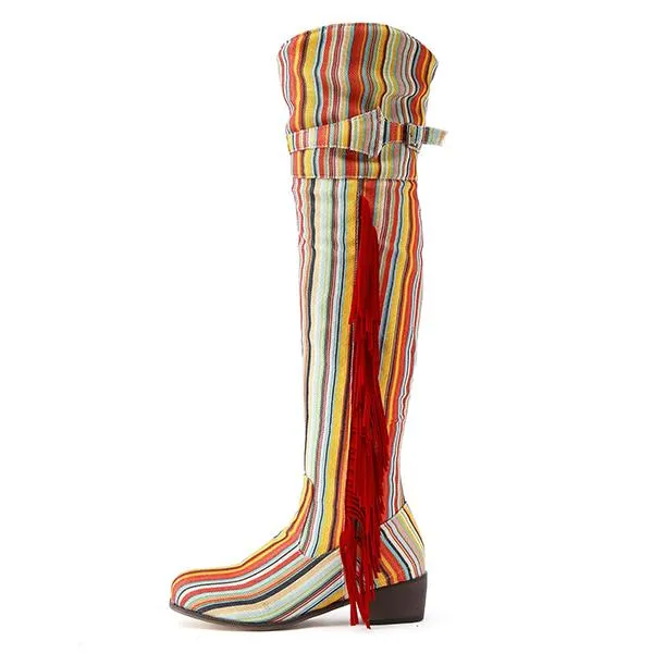 Women's Retro Fashion Rainbow Tassel Block Heel Boots 77611043S