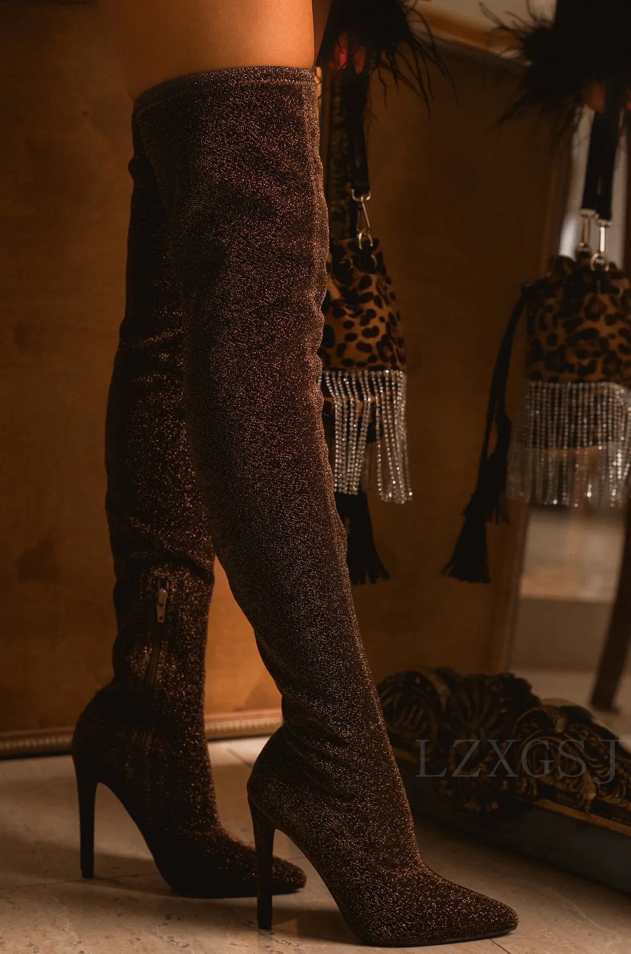 Women's sexy leopard stiletto high heel thigh high boots