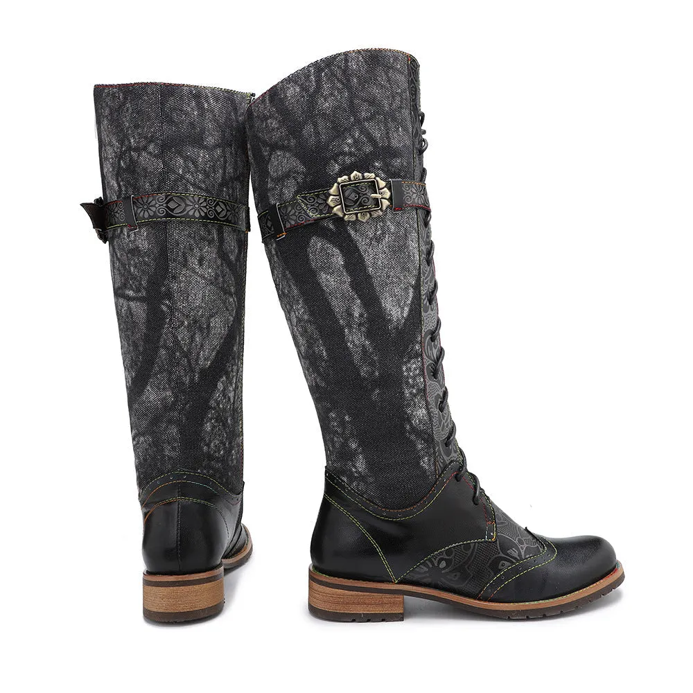 Women's vintage black brush off leather knee high boots low heel lace-up motorcycle boots